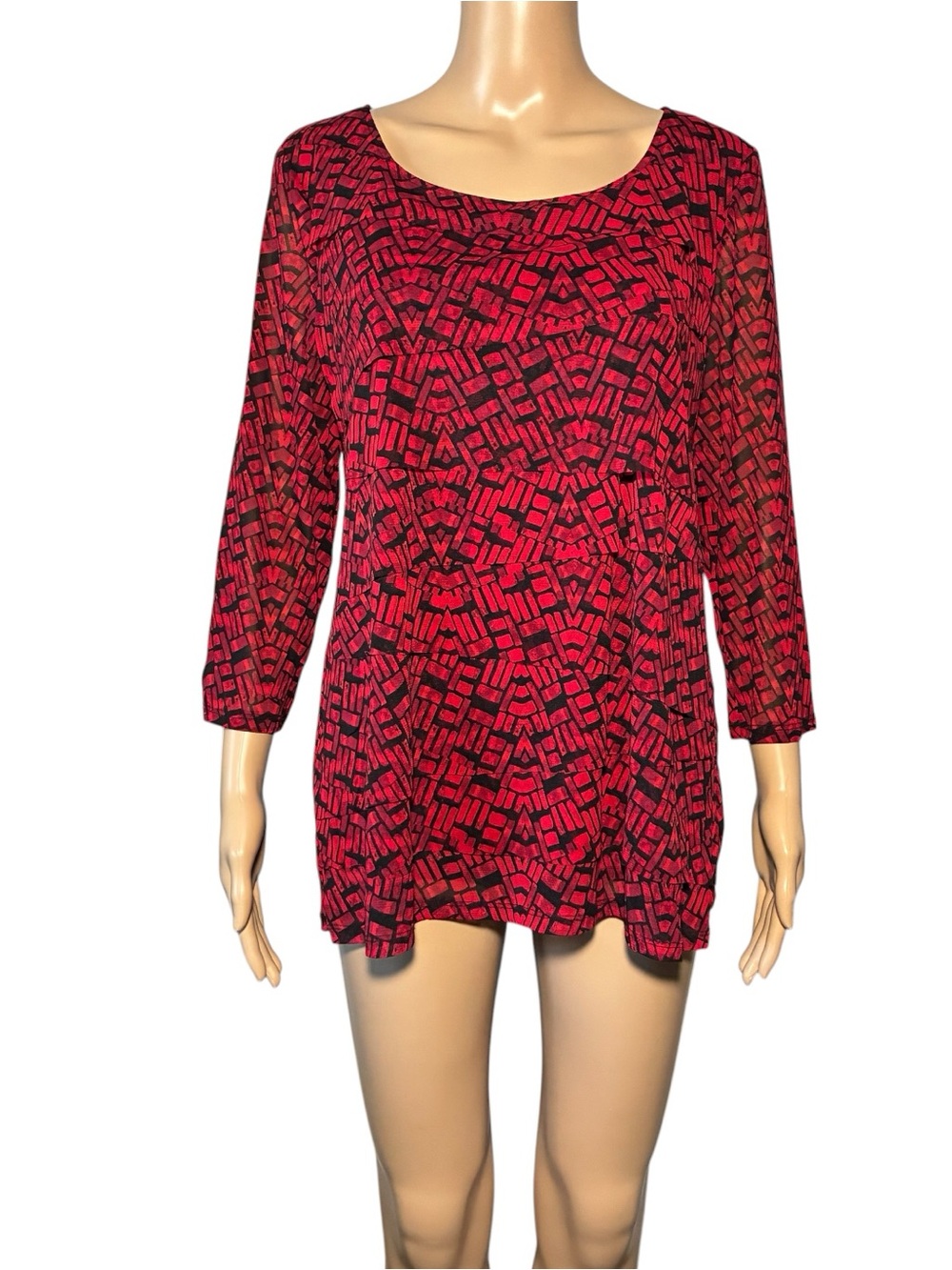 Alfani Women's Blouse 12W Black Red Mesh Layered Tunic Long Sleeve Scoop Neck